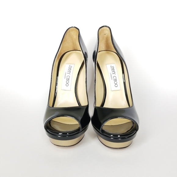 JIMMY CHOO Patent Leather Platform Heels Open Toe Stiletto Pumps Size 37 - Picture 14 of 16